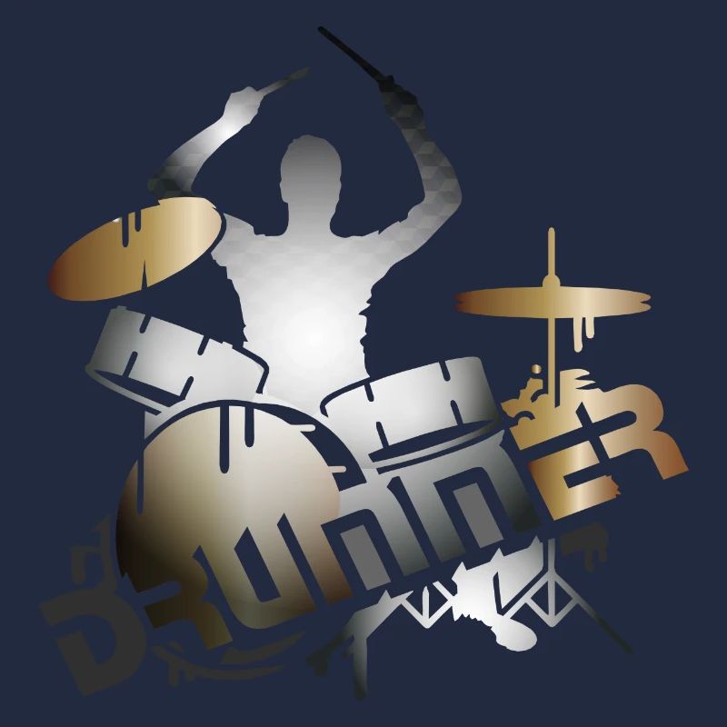 Drummer sits on drums with typography