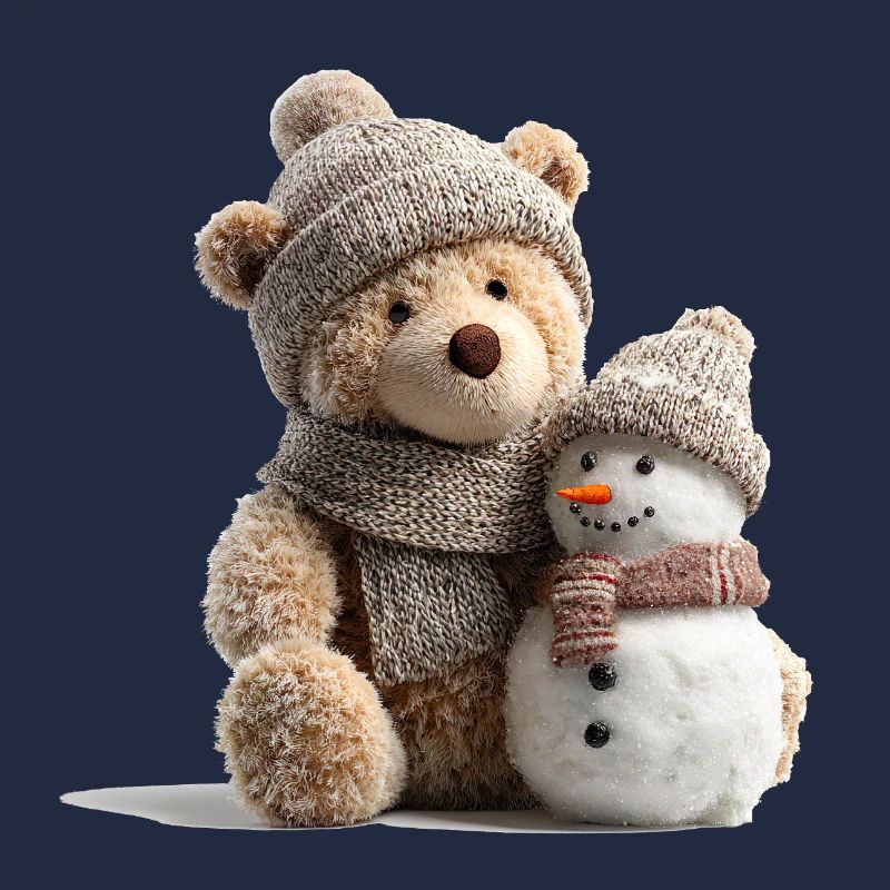 Winter cuddly bear with a snowman