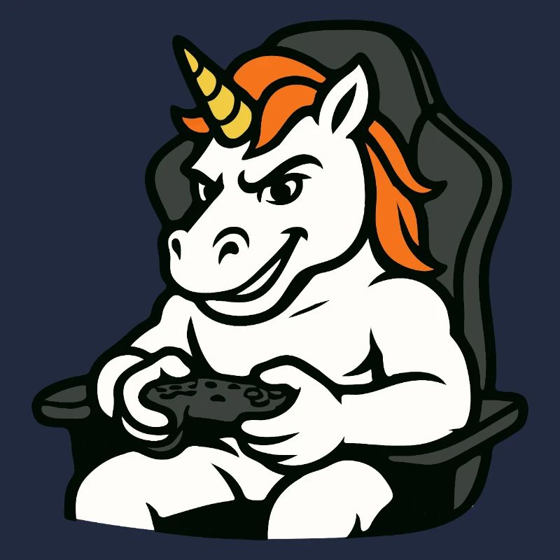 Gaming-Einhorn-Maskottchen im Gamer-Stuhl