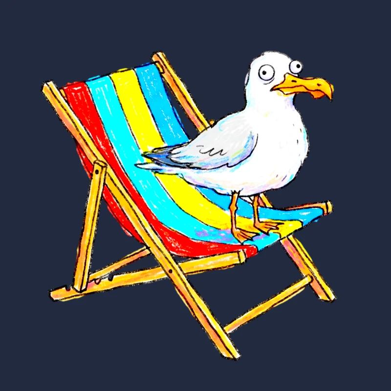 Seemöwe auf buntem Strandstuhl
