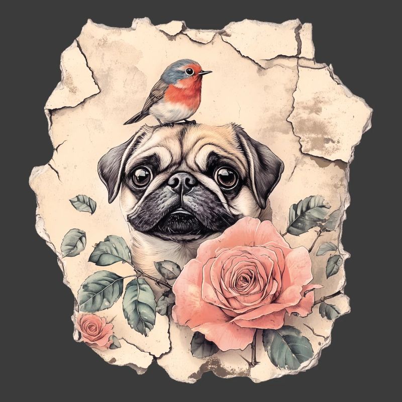 Mops mit Rotkehlchen