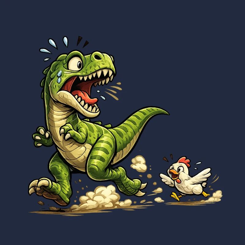 Comic Raptor Dinosaur on the run from a chicken