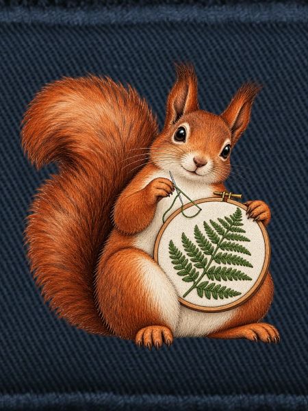 Eichhörnchen stickt einen Farn
