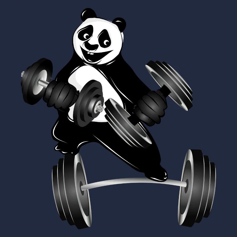 Bodybuilder panda bear with dumbbells while exercising