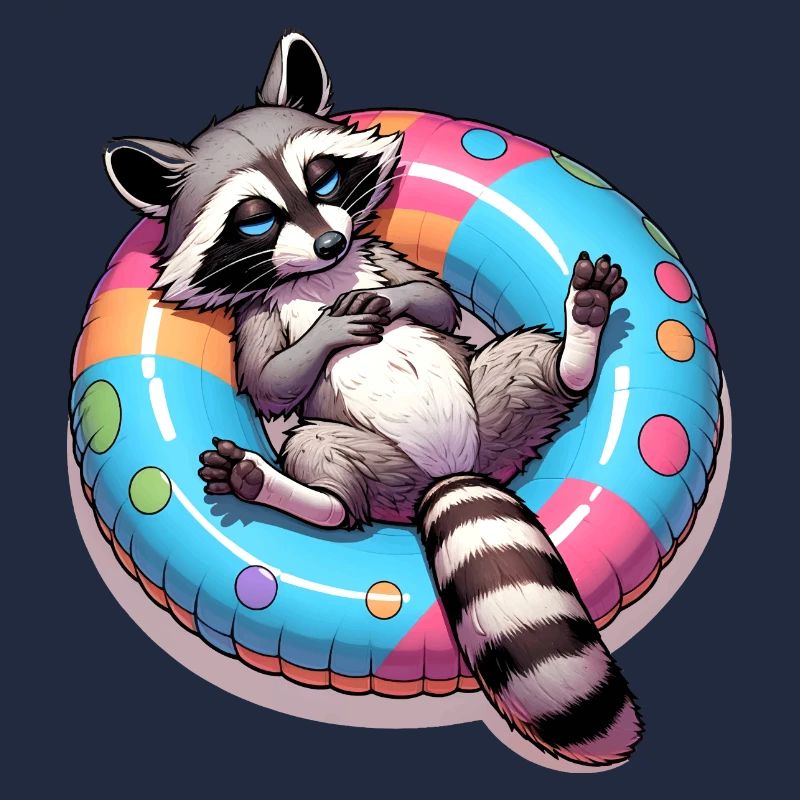 A relaxed raccoon on a swimming ring