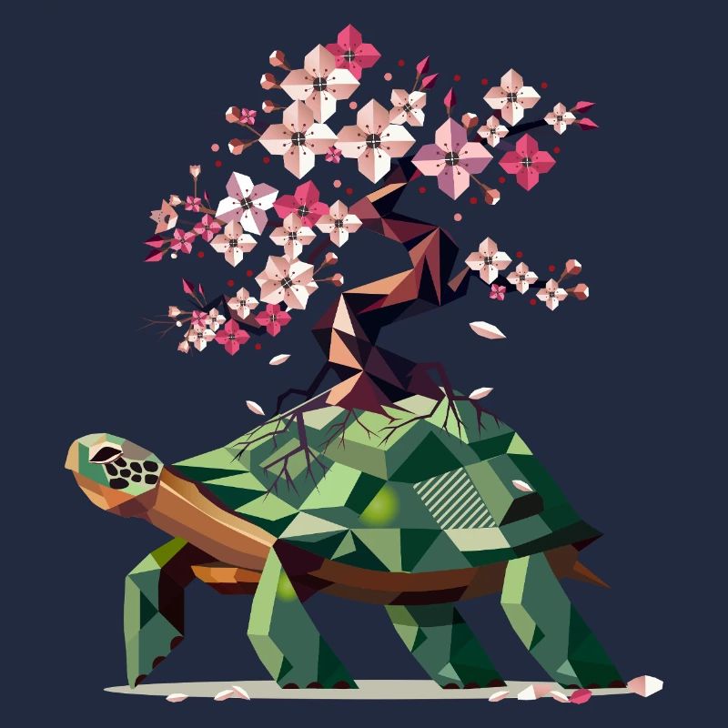 Turtle with Blooming Cherry Blossom Bonsai