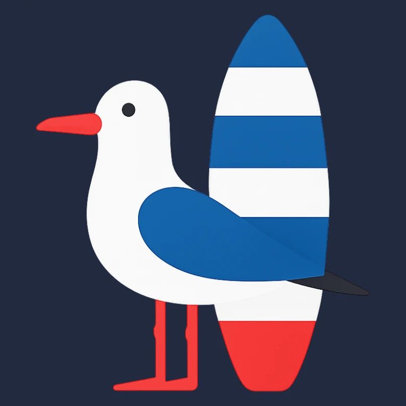 Mouette avec planche de surf