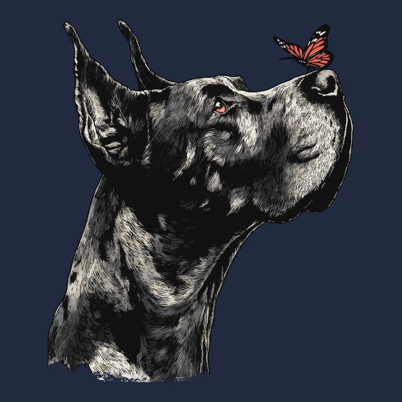 Dogge mit rotem Schmetterling
