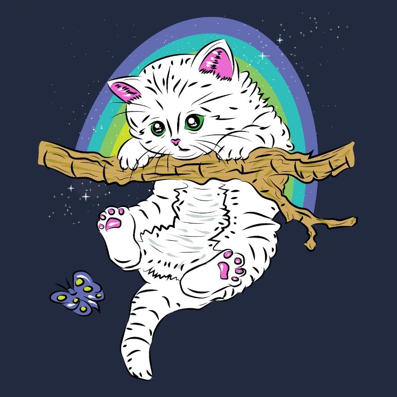 Cat on branch plays with butterfly