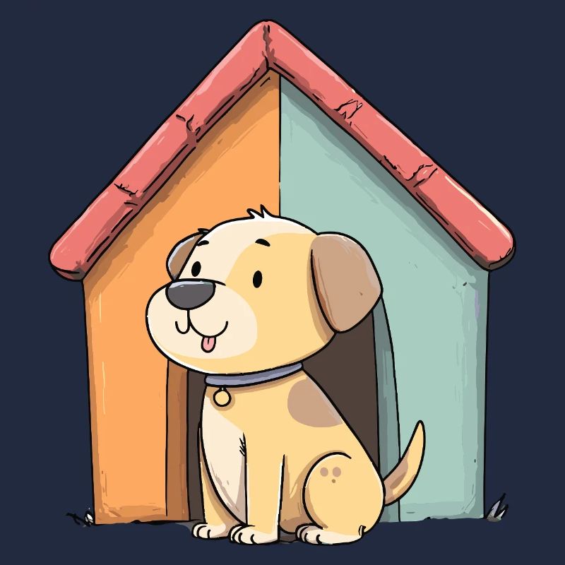 Chien câlin devant une maison colorée