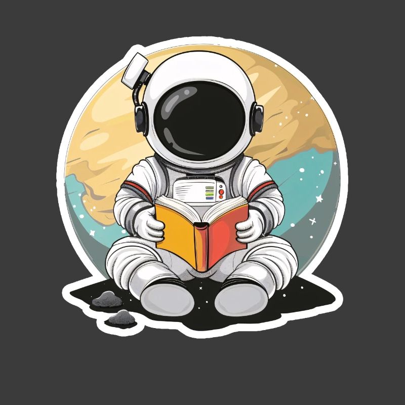 Astronaute dans l’espace devant une planète lisant un livre