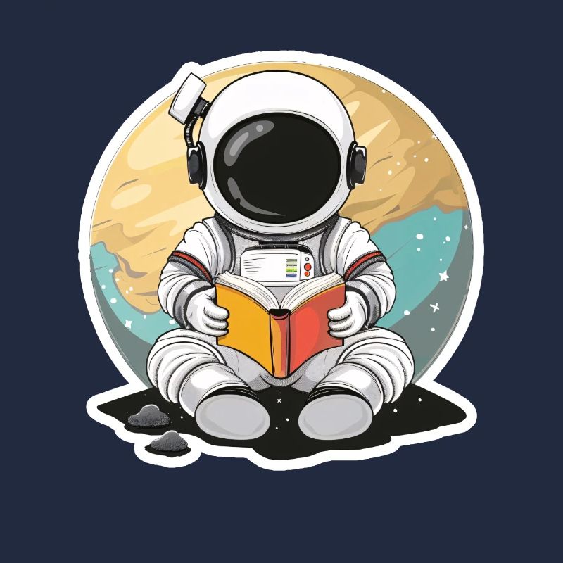 Astronaut im Weltall vor einem Planeten liest Buch