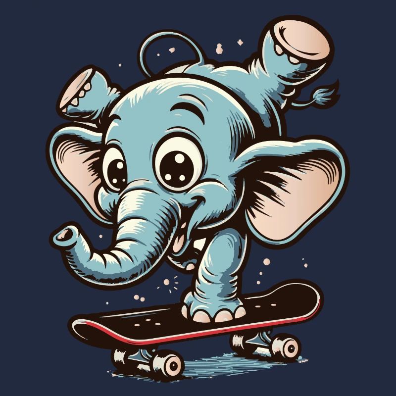 Éléphant de dessin animé bleu sur la planche à roulettes