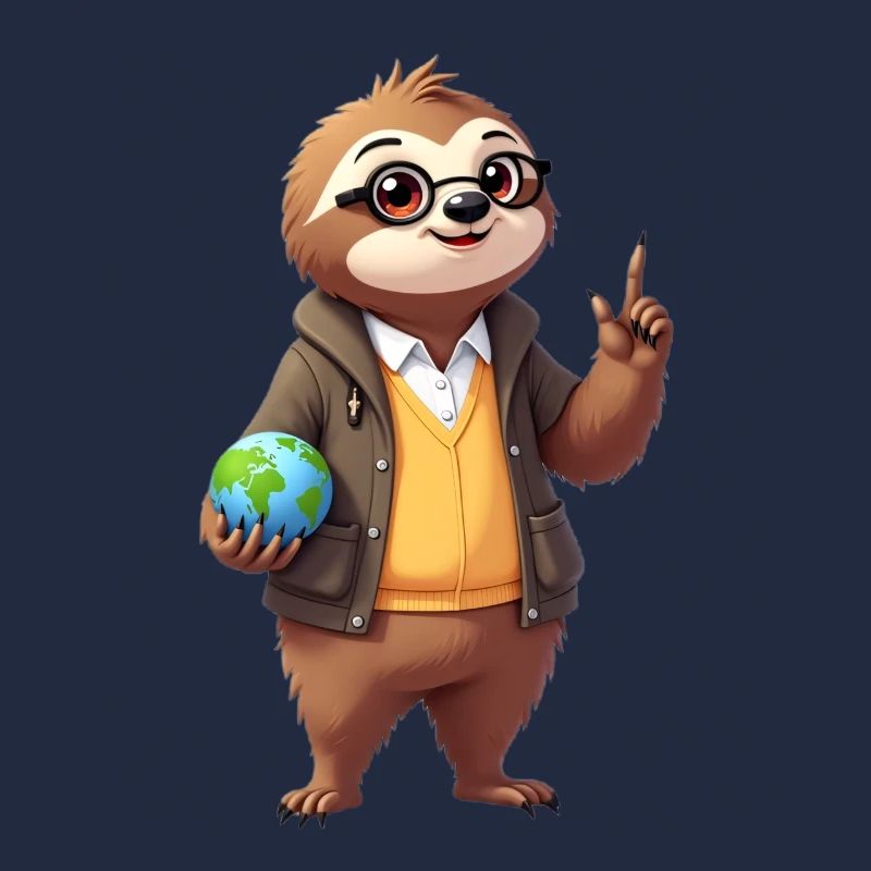 Sloth with globe and glasses as teacher