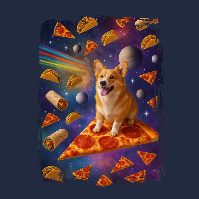 Rêve d'un chiot sur une pizza dans l'espace