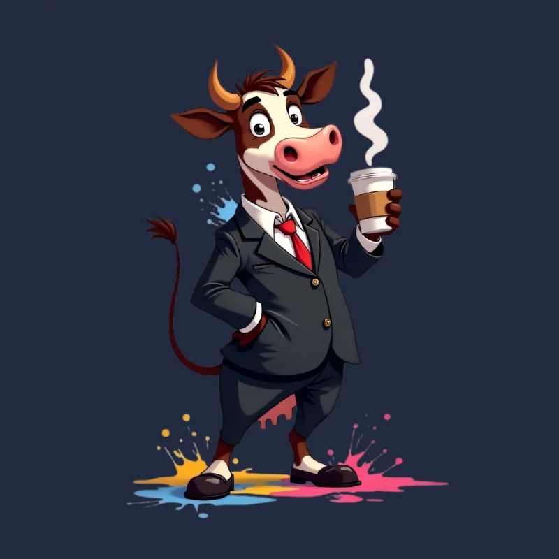 Charming cow in suit style with coffee
