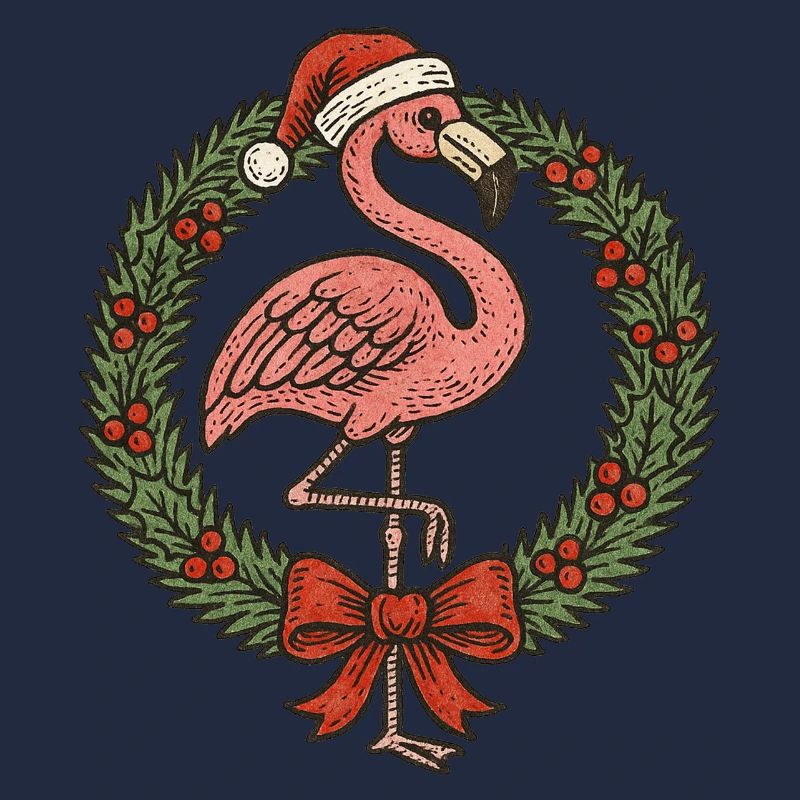 Festlicher Flamingo mit Weihnachtskranz