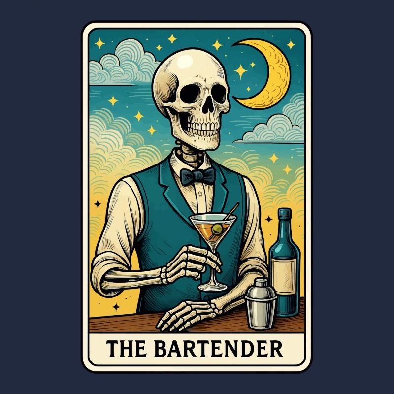 Skeleton bartender with moon sky