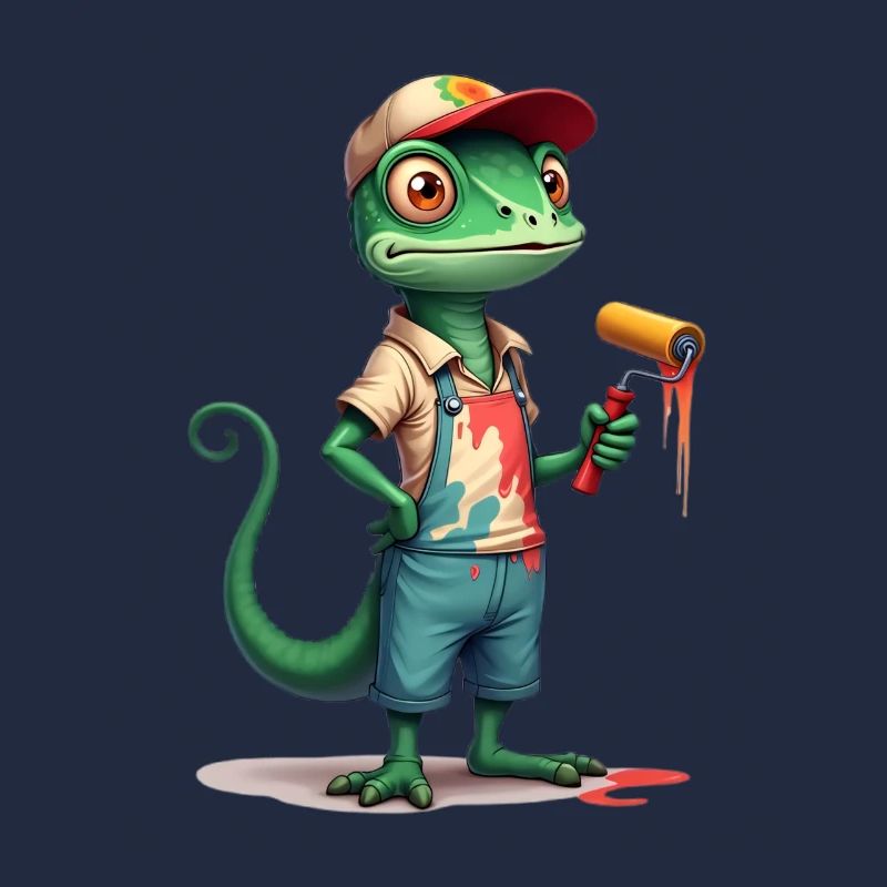 Chameleon painter cartoon with paint roller