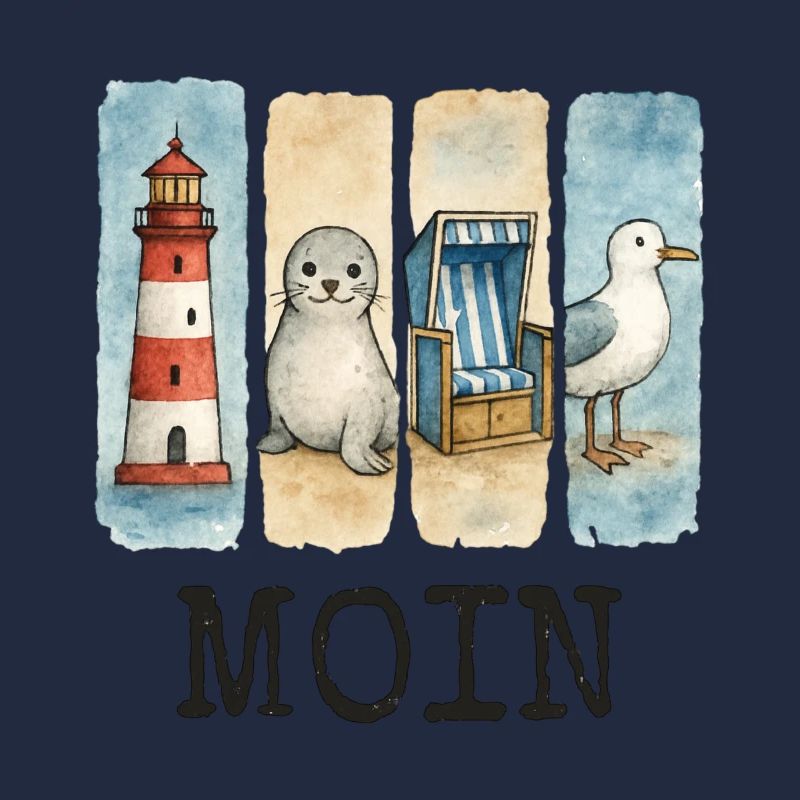 Moin Leuchtturm Robbe Strandkorb Möwe Küste