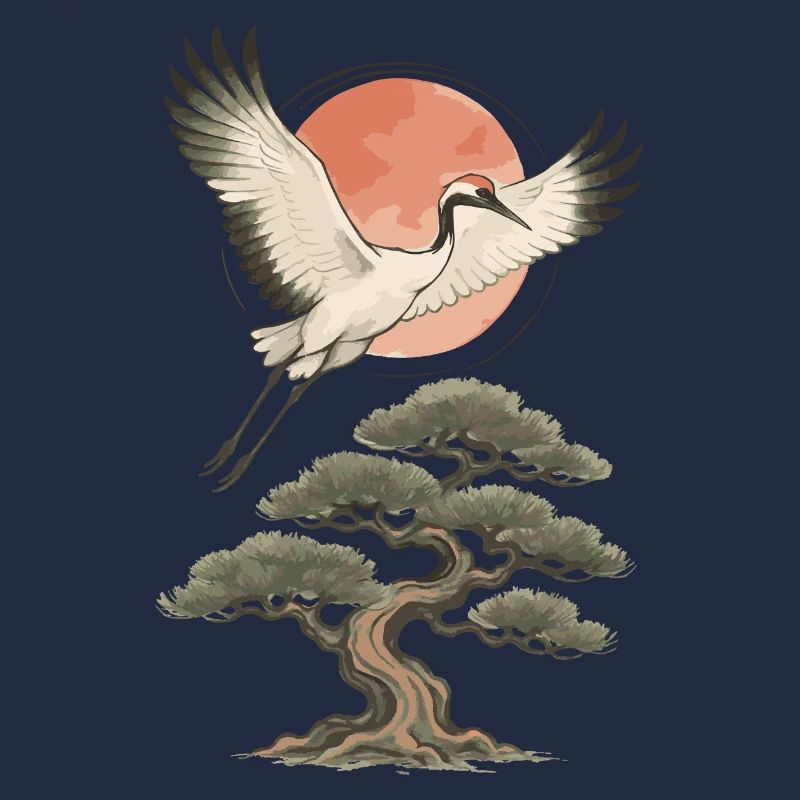 Flying Crane Over Pine Tree