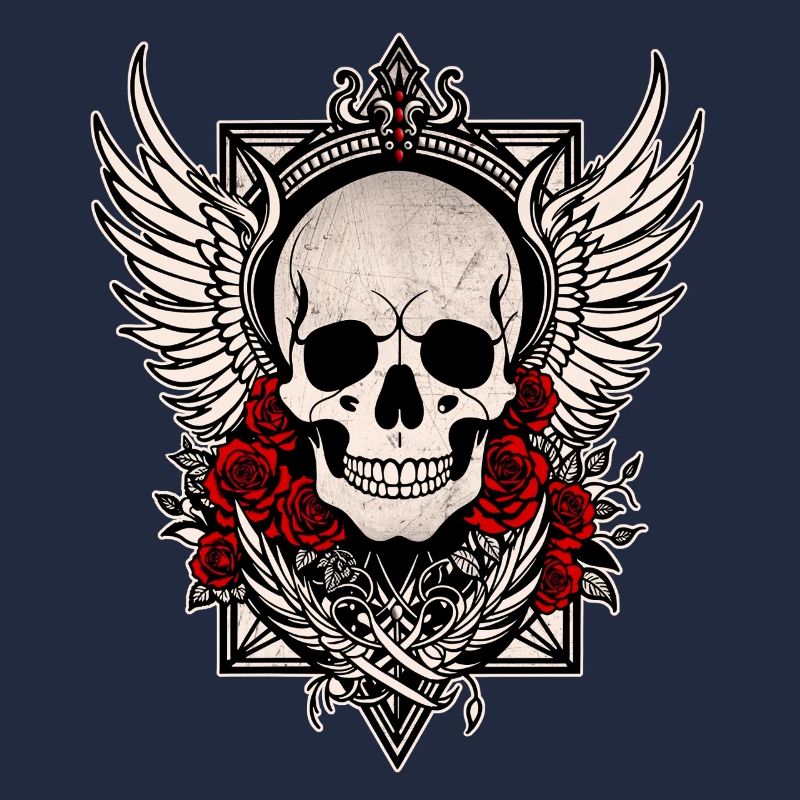 Tête de mort skull ailes d'ange roses rouges goth