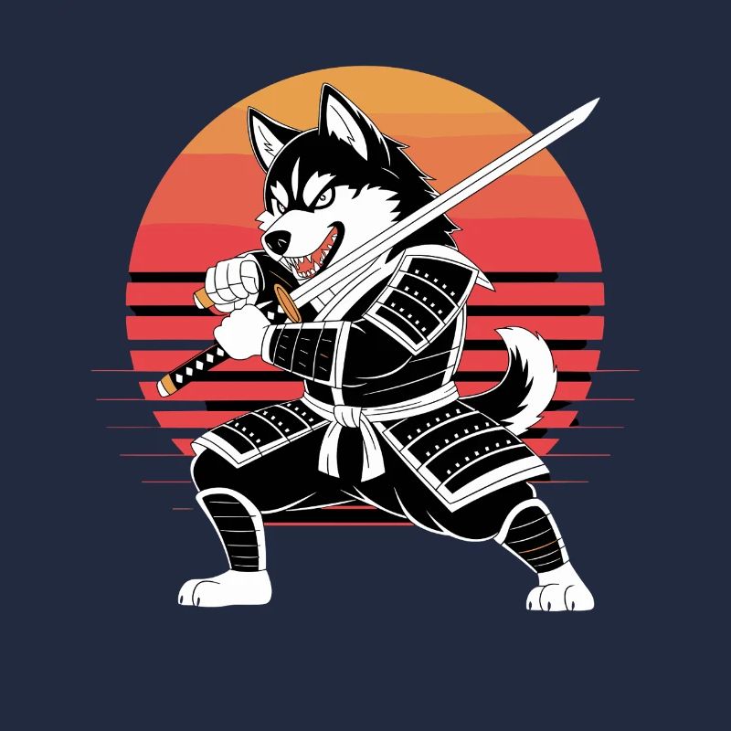  Husky Samurai Krieger Mit Katana Vor Retro