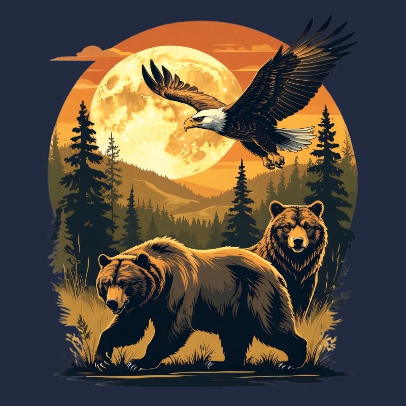 Moonlit night forest bears and eagles in the light