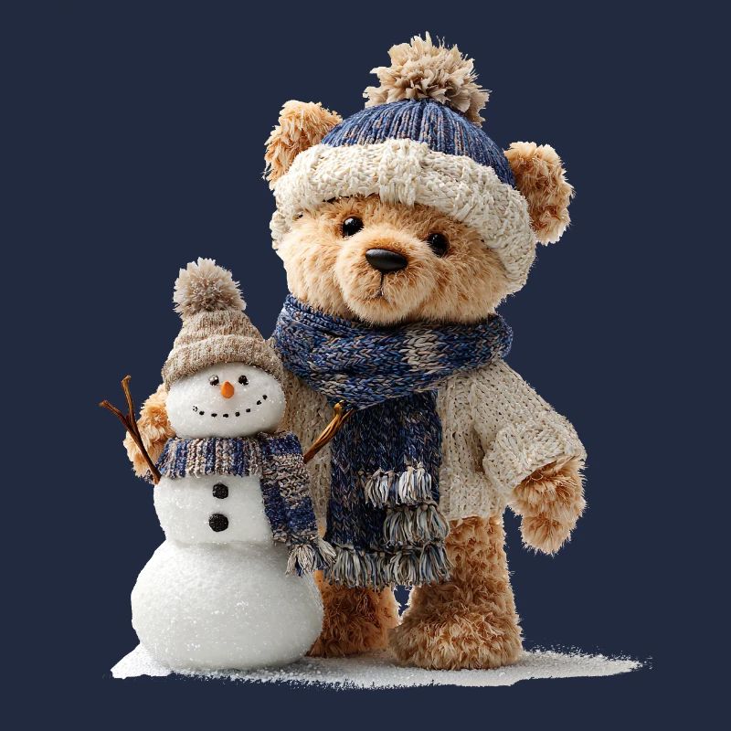 Teddybär baut einen Schneemann
