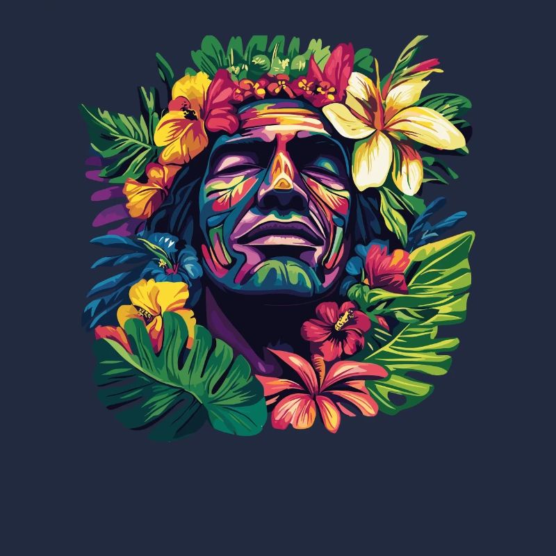 Tropischer Gesichtskopf mit Blumenkranz