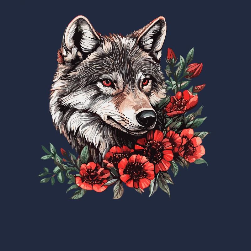 Wolfsgesicht mit roten Blüten