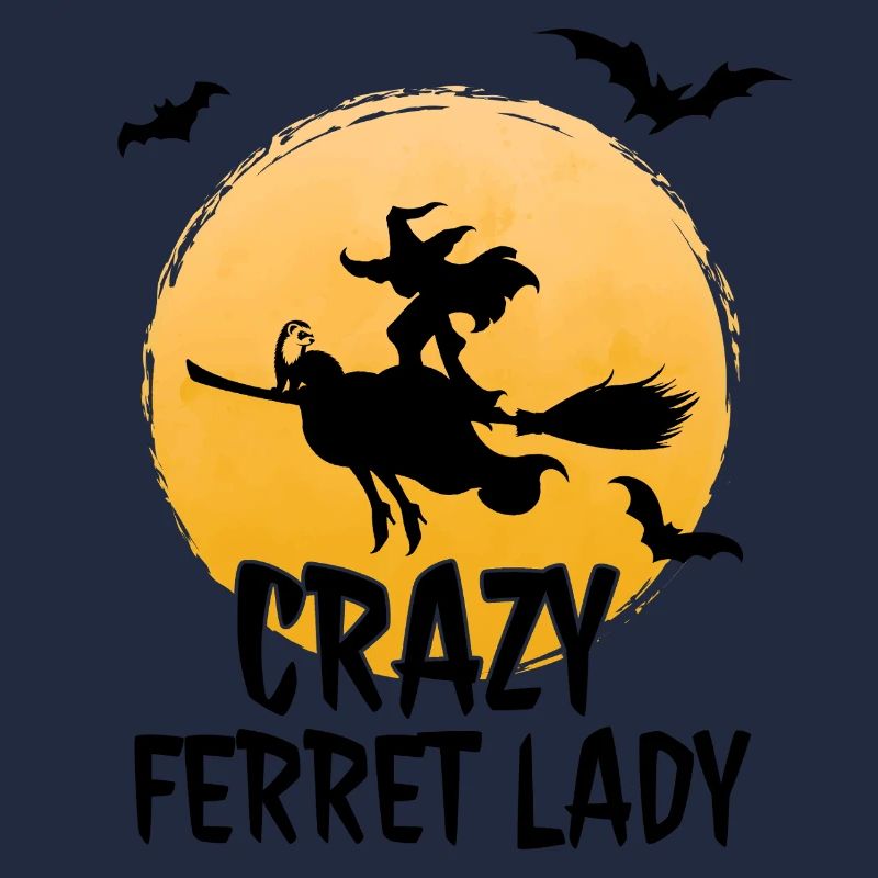 Crazy Ferret Lady – Hexe mit einem Frettchen auf einem Besen