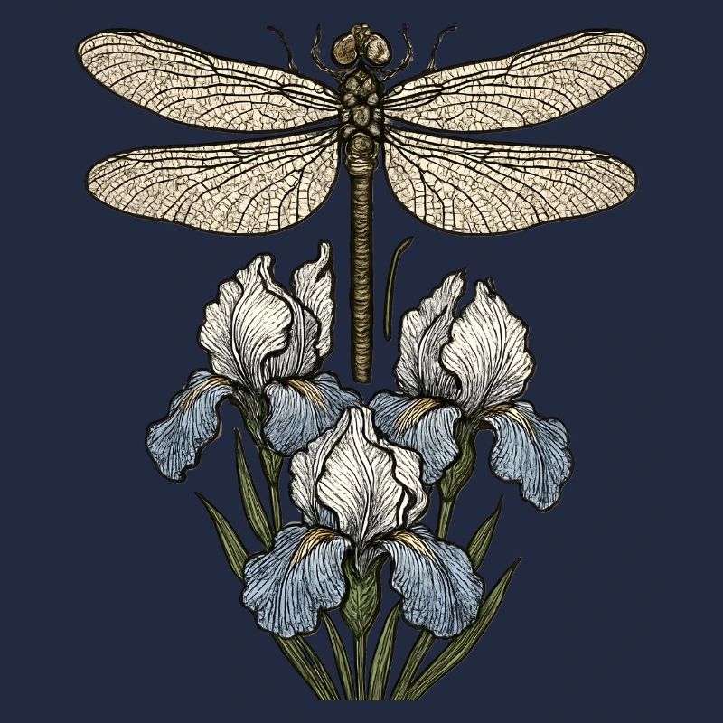 Dragonfly over iris flowers