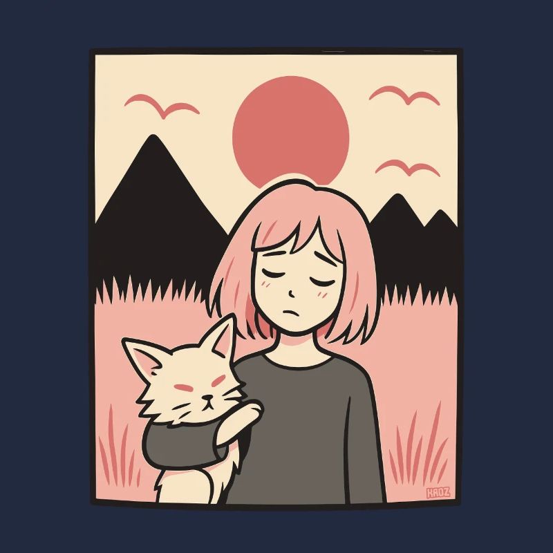 Fille avec un chat devant les montagnes