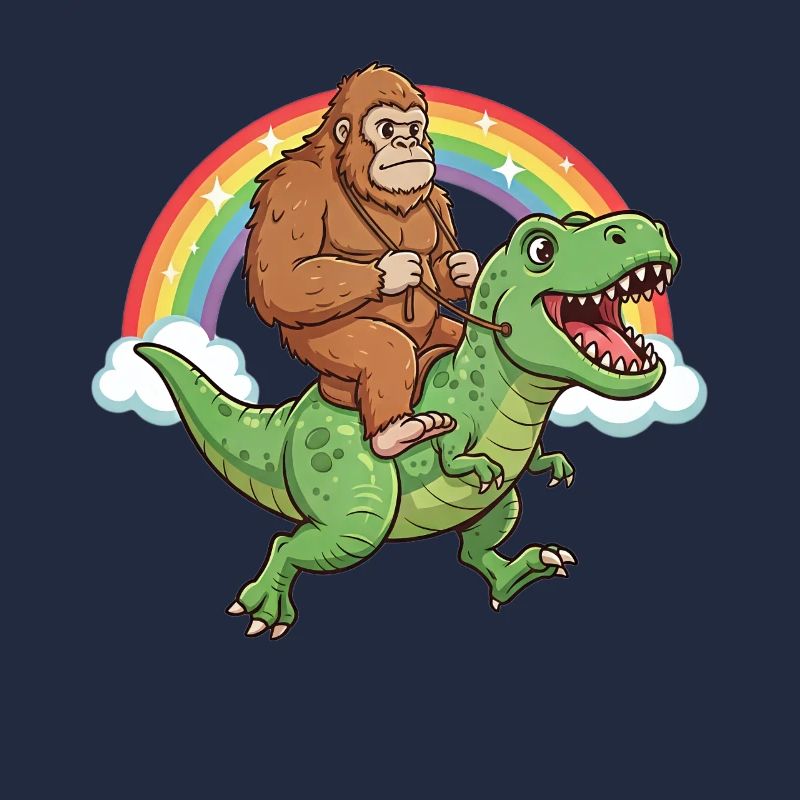 Bigfoot Riding T-Rex Dinosaur Rainbow