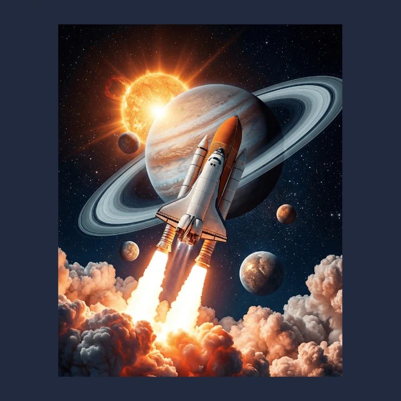 Rocket through Saturn's rings in space