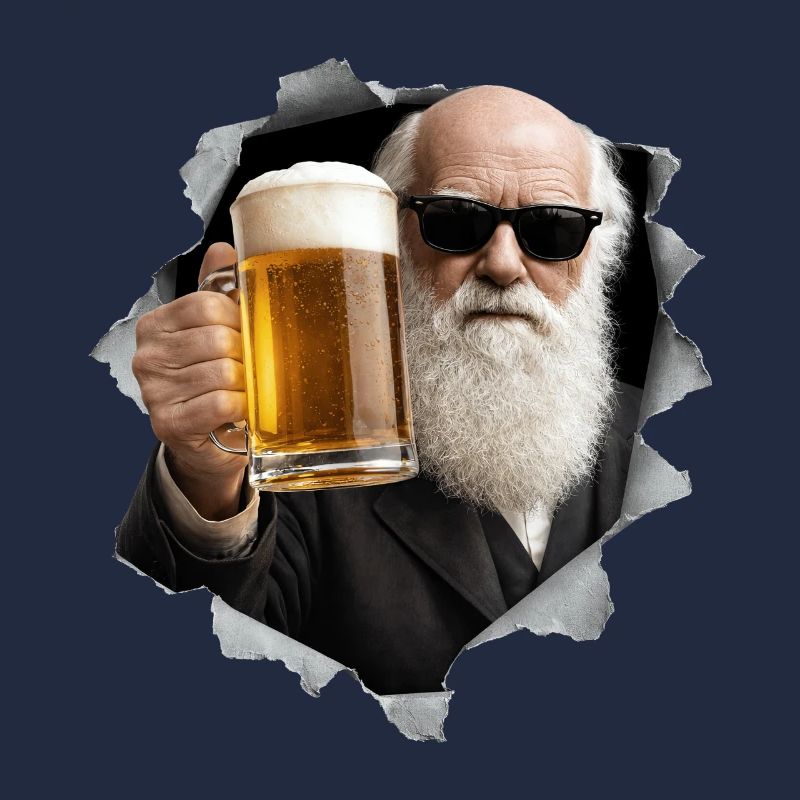 Charles Darwin hält ein Bier