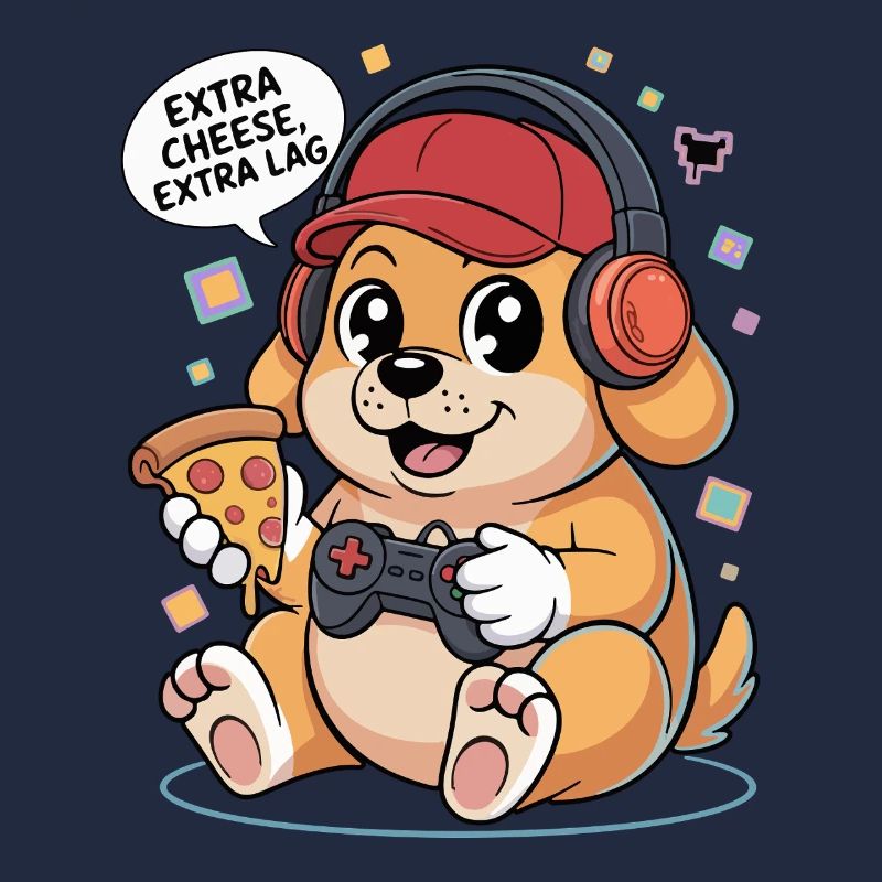 Gaming dog with pizza