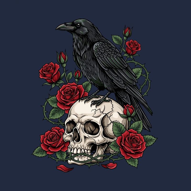 Mitternachtskrähe auf Totenkopfrosen