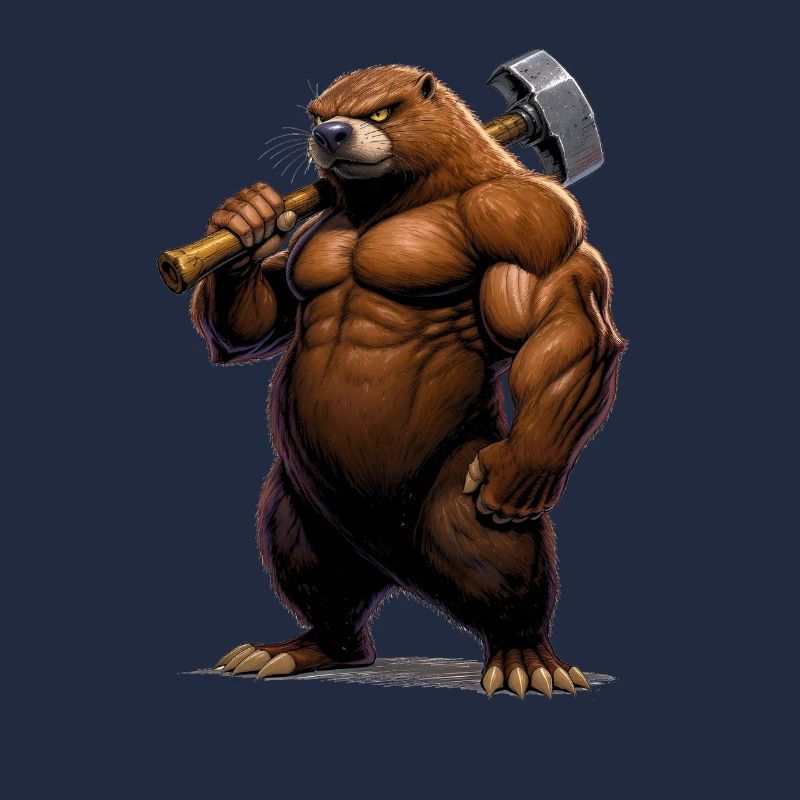 Muscular comic mole with hammer
