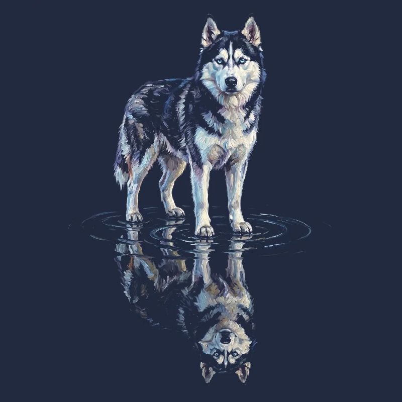 Siberian husky with water reflection