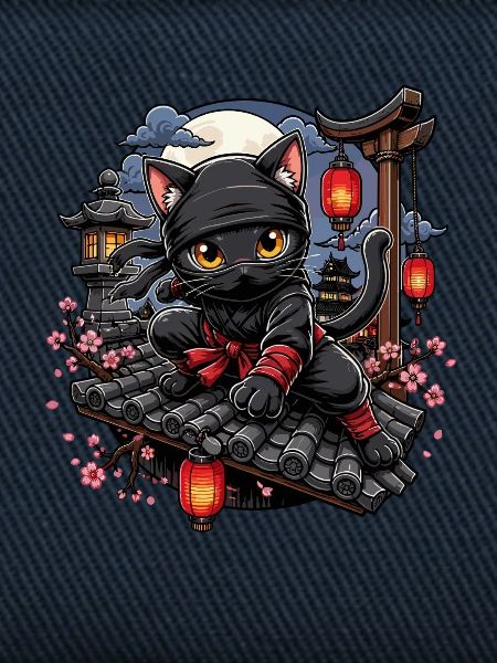Schwarzer Katzen-Ninja über Pagode