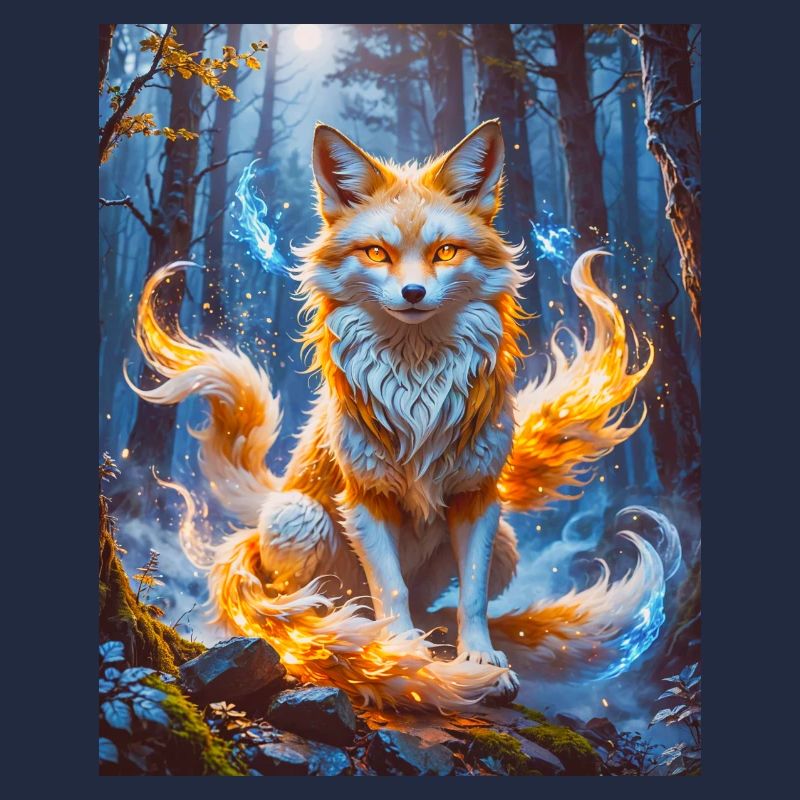 Elegant multi-tailed Kitsune with glowing foxfire