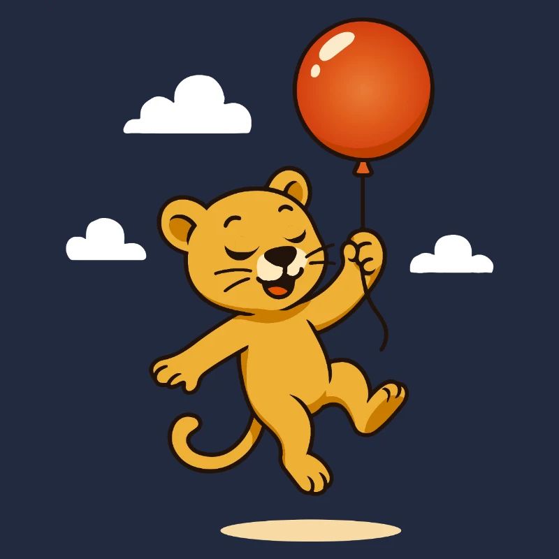 Fröhlicher Löwe mit Ballon schwebt durch die Lüfte