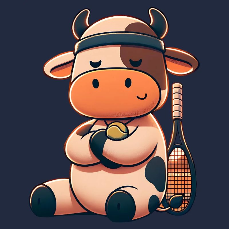 Cute tennis cow with racket and ball