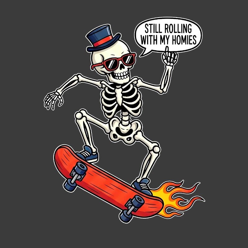 Skeleton on skateboard with hat and sunglasses