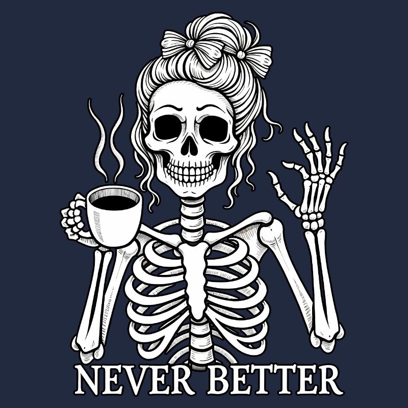 Funny skeleton drinking coffee