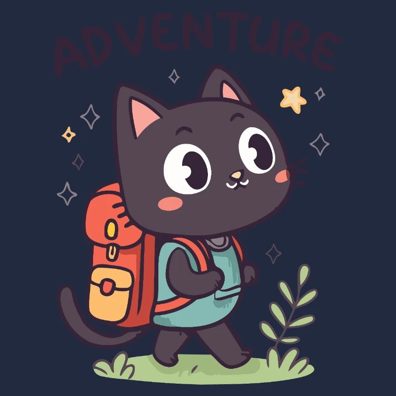 Adventurous Black Cat with Backpack