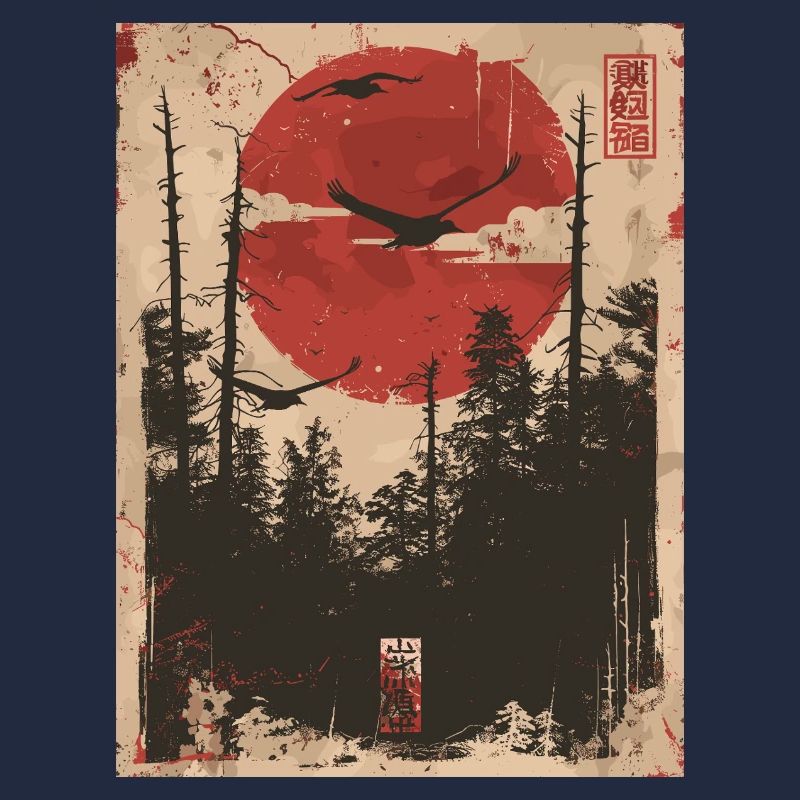 Red Sun Forest Ukiyo-e Forest Landscape
