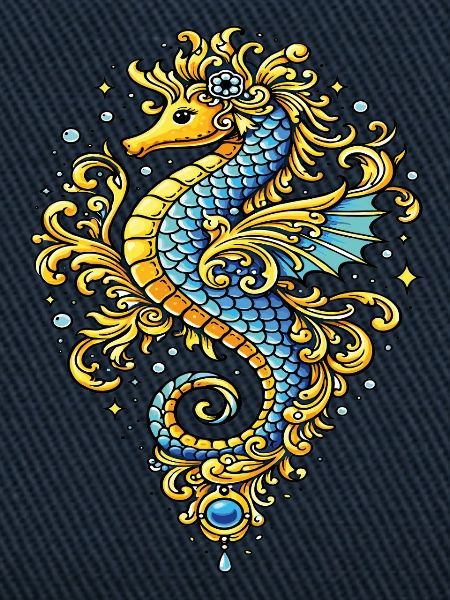 Blau-Gold-Barock-Seepferdchen – Marine-Illustration